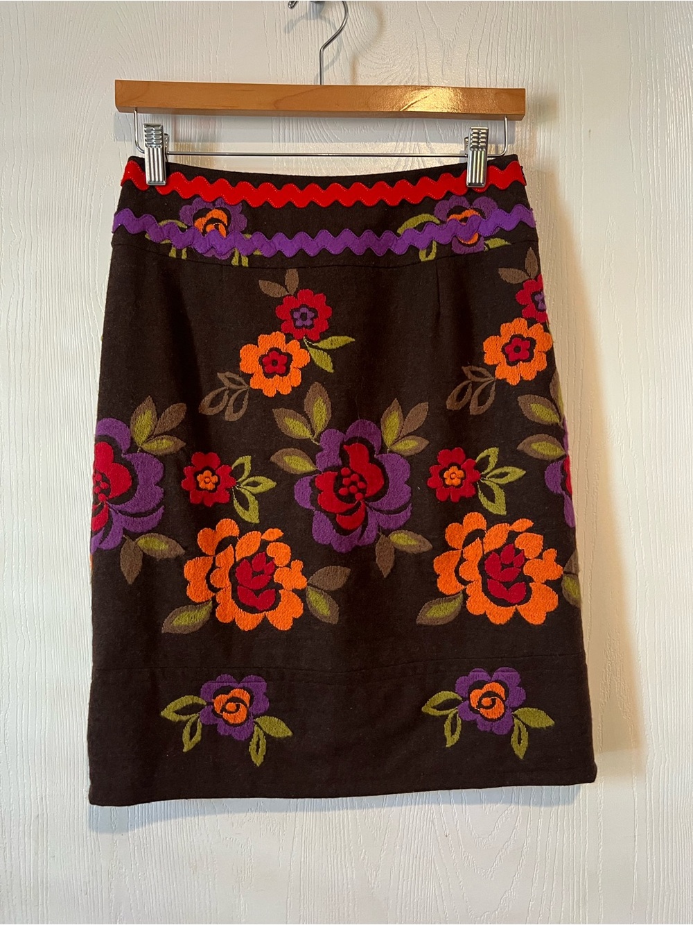SARA JANE Brown Wool Skirt Flower Embroidery Fall Women Sz 0